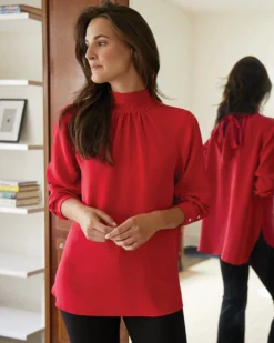 Colette Tie-Neck Blouse In Red Silk Crepe De Chine -ULLA JOHNSON || Joseph || A.P.C. Sales Store M HOLIDAY 23 CATALOG PDP 51 D2