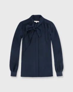 Tie-Neck Blouse In Navy Silk Crepe De Chine