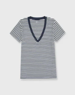 Short-Sleeved Deep-V Tee In Navy/Natural Stripe Jersey