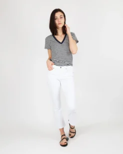 Short-Sleeved Deep-V Tee In Navy/Natural Stripe Jersey -ULLA JOHNSON || Joseph || A.P.C. Sales Store S54854 5