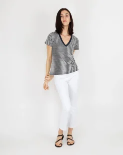Short-Sleeved Deep-V Tee In Navy/Natural Stripe Jersey -ULLA JOHNSON || Joseph || A.P.C. Sales Store S54854 6