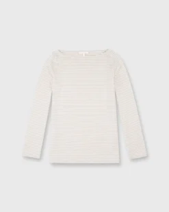 Long-Sleeved Boatneck Tee In Taupe/Ivory Stripe Compact Jersey