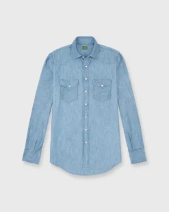 Western Work Shirt In Extra Light Wash Indigo Chambray -ULLA JOHNSON || Joseph || A.P.C. Sales Store S63729 2