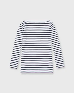 Long-Sleeved Boatneck Tee In White/Navy Stripe Compact Jersey