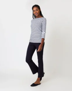 Long-Sleeved Boatneck Tee In White/Navy Stripe Compact Jersey -ULLA JOHNSON || Joseph || A.P.C. Sales Store S64673 3