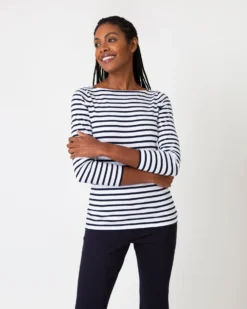 Long-Sleeved Boatneck Tee In White/Navy Stripe Compact Jersey -ULLA JOHNSON || Joseph || A.P.C. Sales Store S64673 6