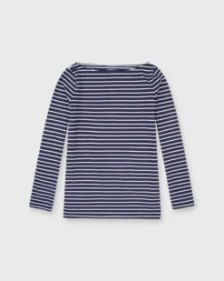 Long-Sleeved Boatneck Tee In Navy/White Stripe Jersey
