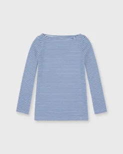 Long-Sleeved Boatneck Tee In French Blue/White Stripe Jersey
