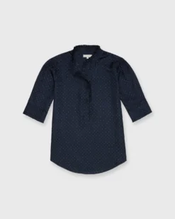 Elbow-Sleeve Frill Blouse In Navy/White Polka Dot Silk Twill