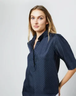 Elbow-Sleeve Frill Blouse In Navy/White Polka Dot Silk Twill -ULLA JOHNSON || Joseph || A.P.C. Sales Store S70501 2973