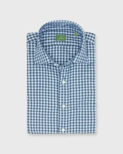 Spread Collar Sport Shirt In Olive/Sky Gingham Twill