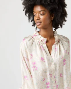 Button-Front Kamille Blouse In Khaki/Pink Butterflies Silk Twill -ULLA JOHNSON || Joseph || A.P.C. Sales Store S71366 2651