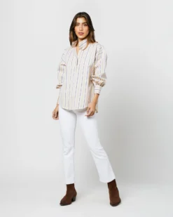 Anaya Popover Shirt In Taupe/White Multi Stripe Poplin