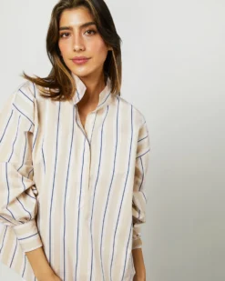 Anaya Popover Shirt In Taupe/White Multi Stripe Poplin -ULLA JOHNSON || Joseph || A.P.C. Sales Store S71371 2155