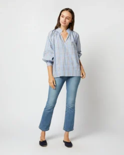 Liya Top In Blue Multi Plaid Poplin