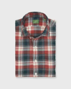 Spread Collar Sport Shirt In Green/Red/Bone Plaid Flannel